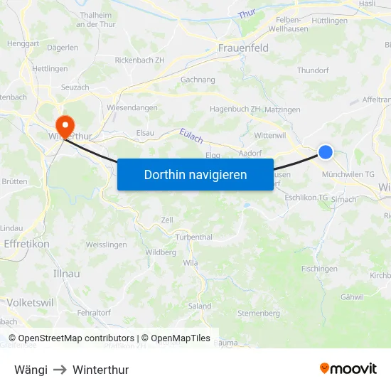 Wängi to Winterthur map