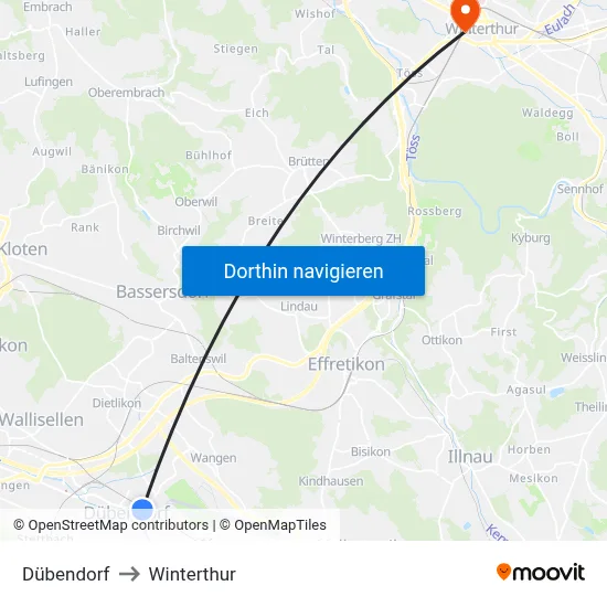 Dübendorf to Winterthur map