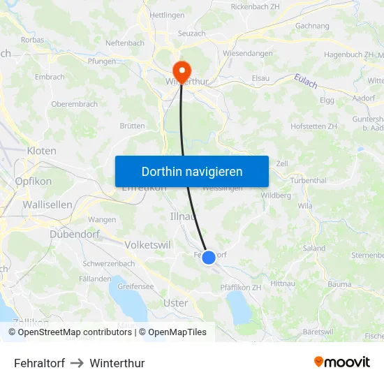 Fehraltorf to Winterthur map