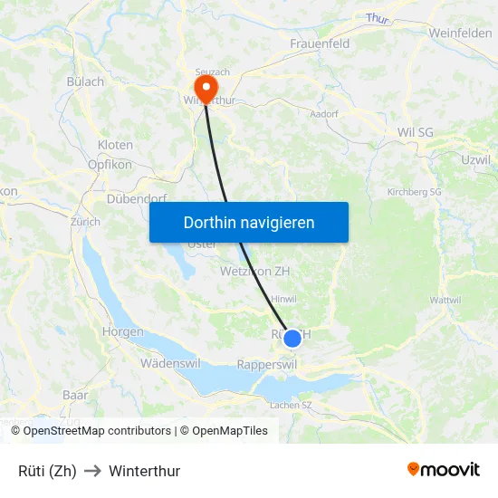 Rüti (Zh) to Winterthur map