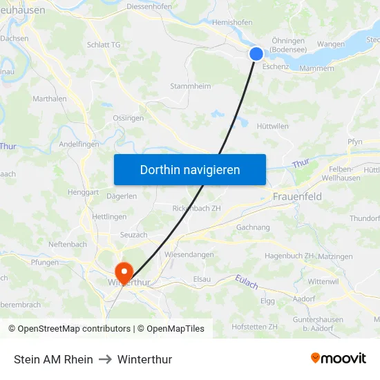 Stein AM Rhein to Winterthur map