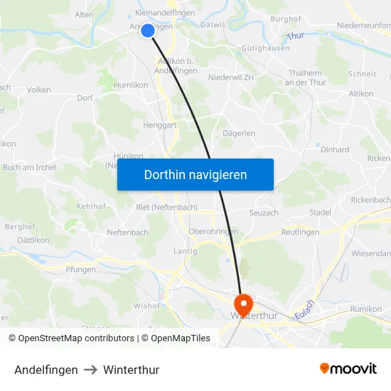 Andelfingen to Winterthur map