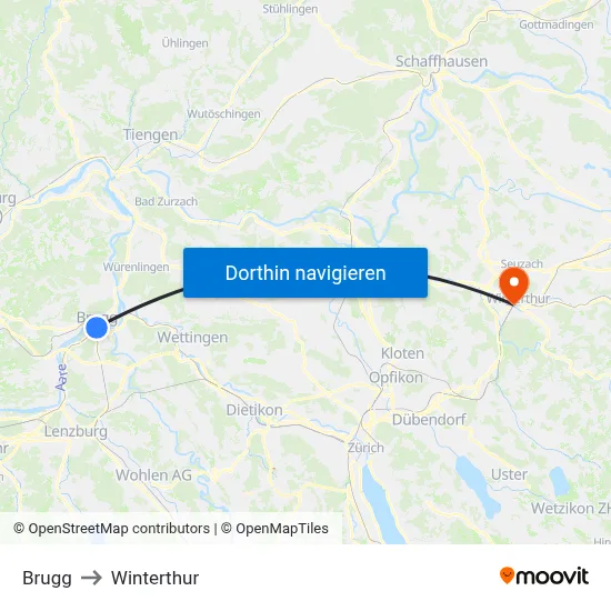 Brugg to Winterthur map