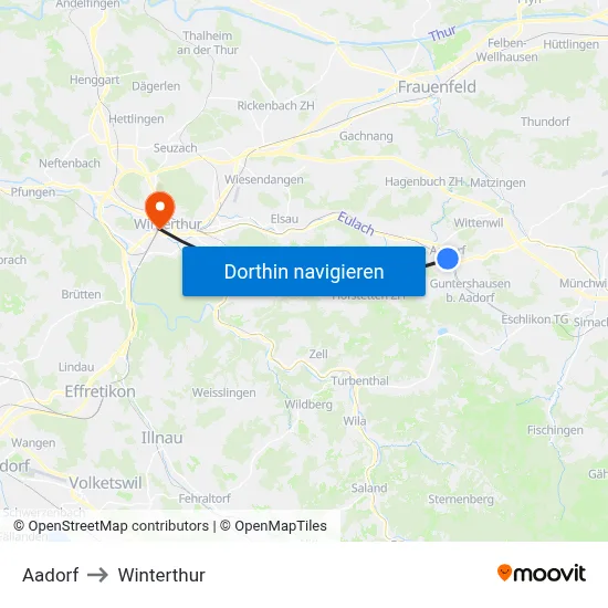 Aadorf to Winterthur map