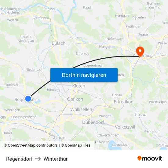 Regensdorf to Winterthur map