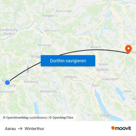 Aarau to Winterthur map