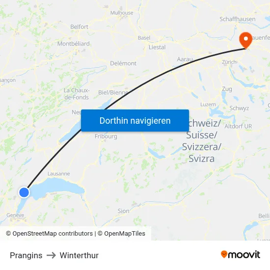 Prangins to Winterthur map
