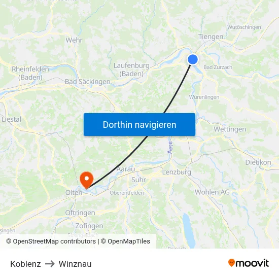 Koblenz to Winznau map