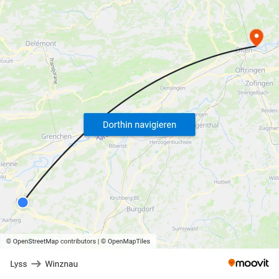 Lyss to Winznau map