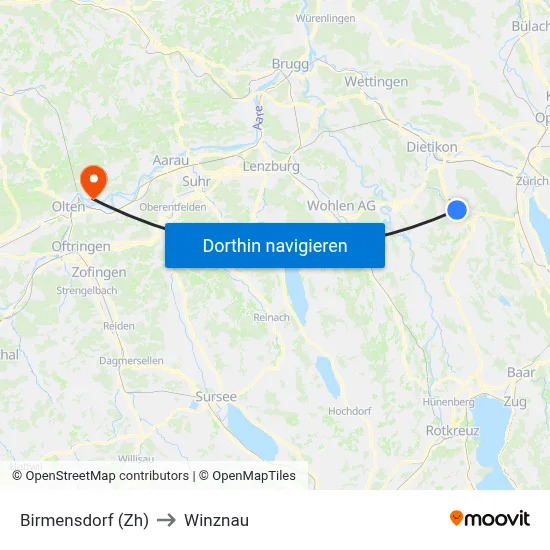 Birmensdorf (Zh) to Winznau map