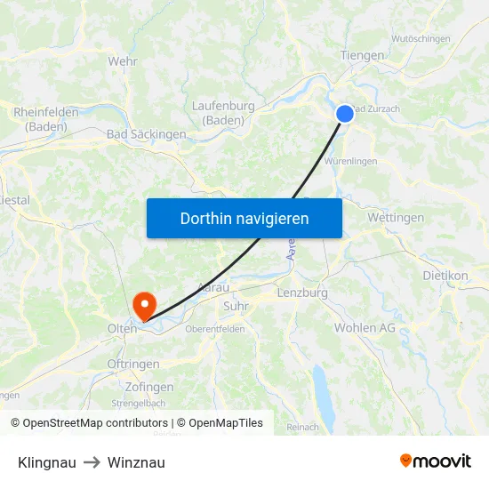 Klingnau to Winznau map