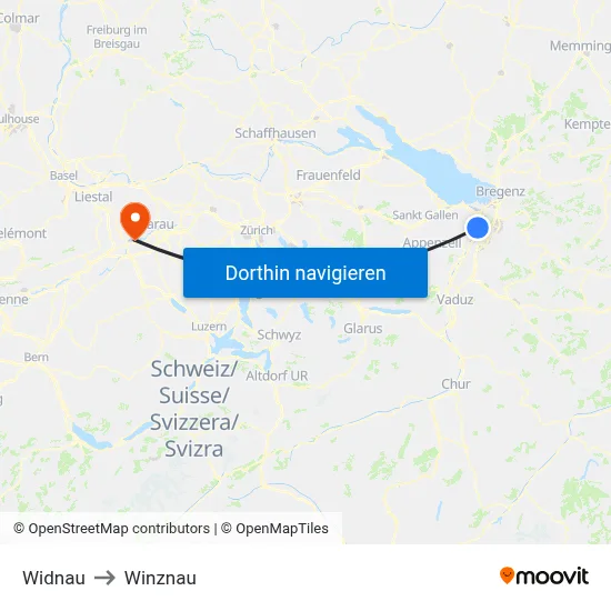 Widnau to Winznau map