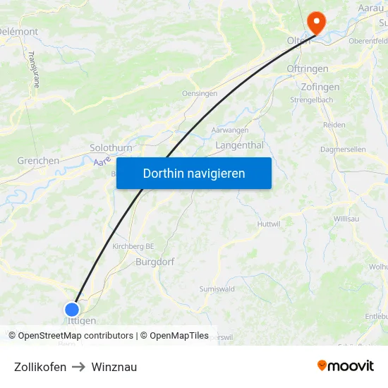 Zollikofen to Winznau map