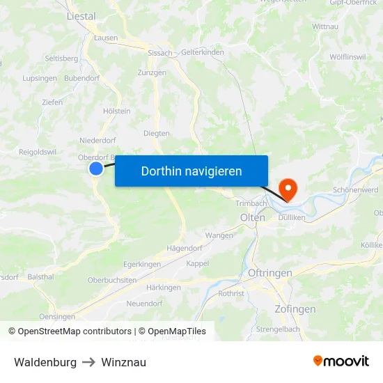 Waldenburg to Winznau map