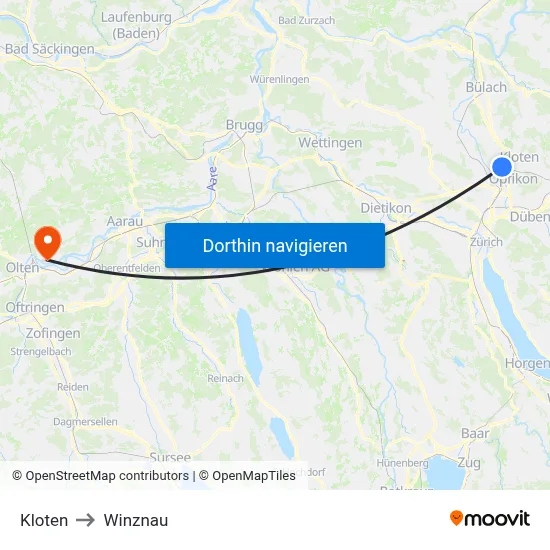 Kloten to Winznau map
