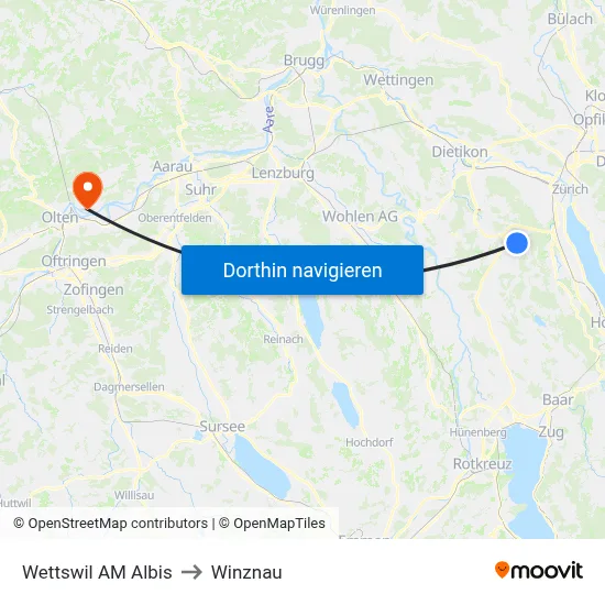 Wettswil AM Albis to Winznau map