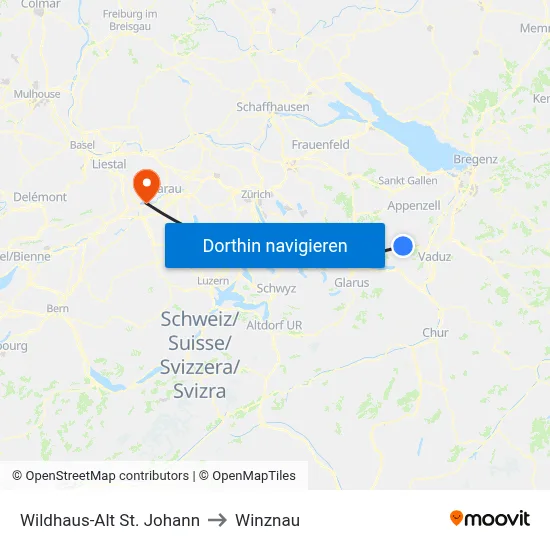 Wildhaus-Alt St. Johann to Winznau map