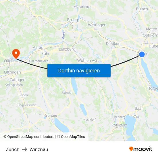 Zürich to Winznau map