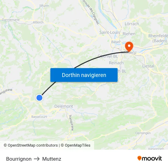 Bourrignon to Muttenz map