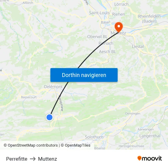 Perrefitte to Muttenz map