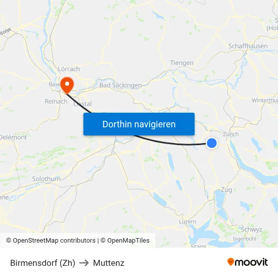 Birmensdorf (Zh) to Muttenz map