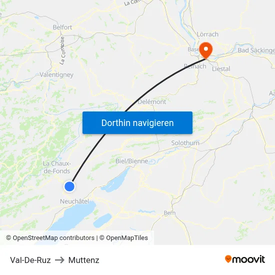Val-De-Ruz to Muttenz map
