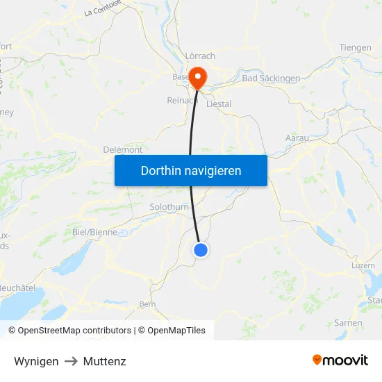 Wynigen to Muttenz map