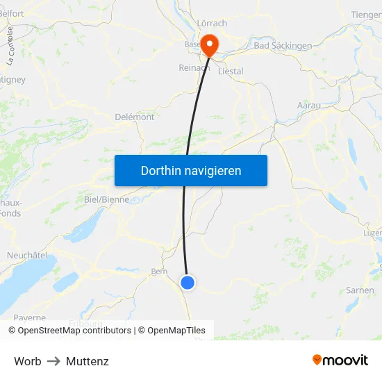 Worb to Muttenz map
