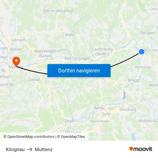 Klingnau to Muttenz map