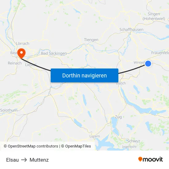 Elsau to Muttenz map