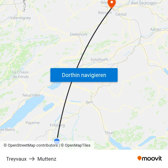 Treyvaux to Muttenz map