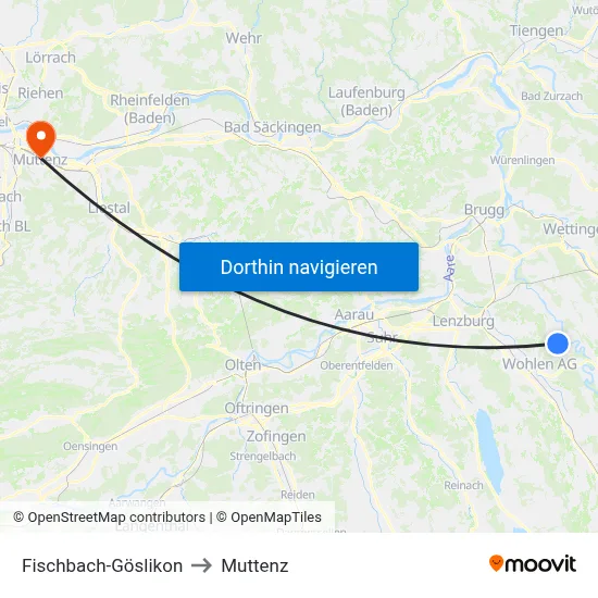 Fischbach-Göslikon to Muttenz map
