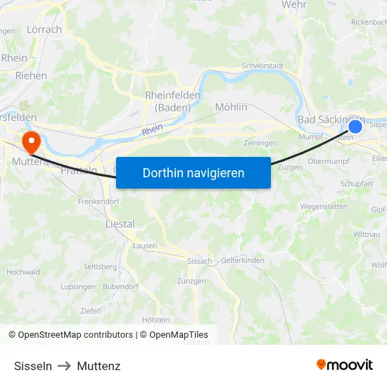 Sisseln to Muttenz map