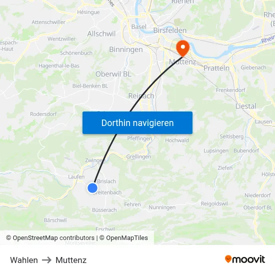 Wahlen to Muttenz map