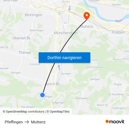 Pfeffingen to Muttenz map