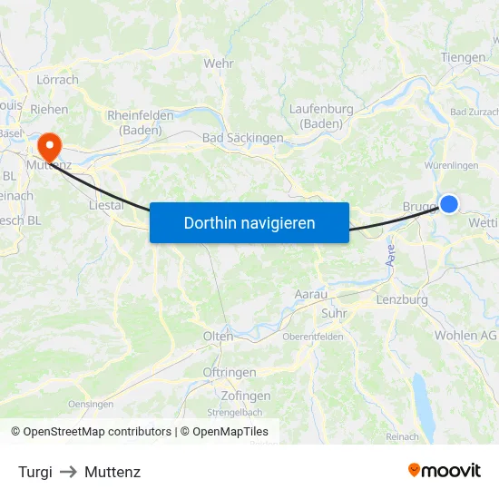 Turgi to Muttenz map