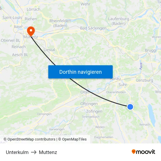 Unterkulm to Muttenz map