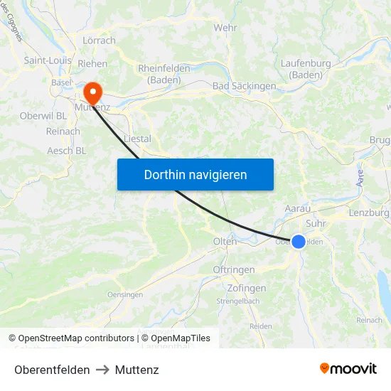 Oberentfelden to Muttenz map