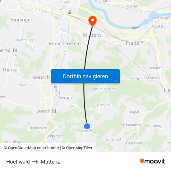 Hochwald to Muttenz map