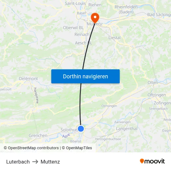 Luterbach to Muttenz map