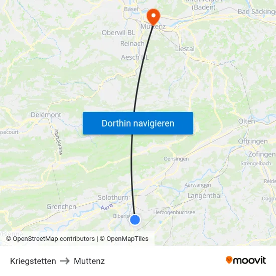 Kriegstetten to Muttenz map