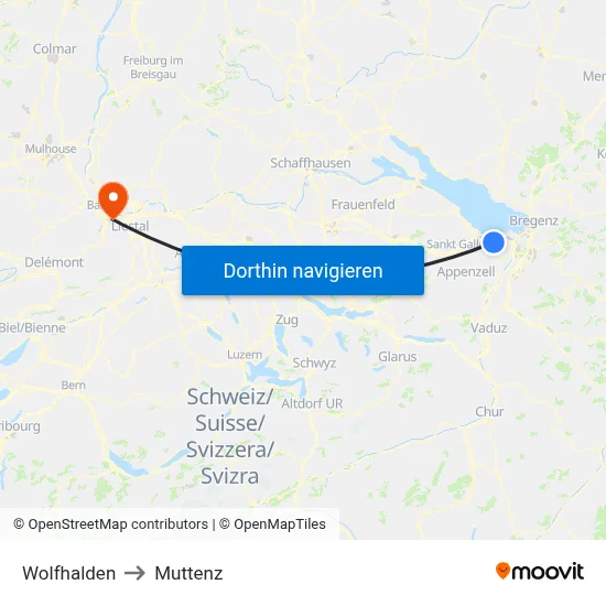 Wolfhalden to Muttenz map
