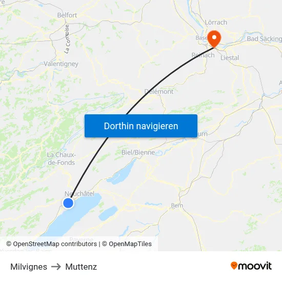 Milvignes to Muttenz map