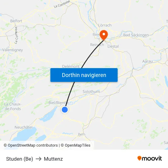 Studen (Be) to Muttenz map