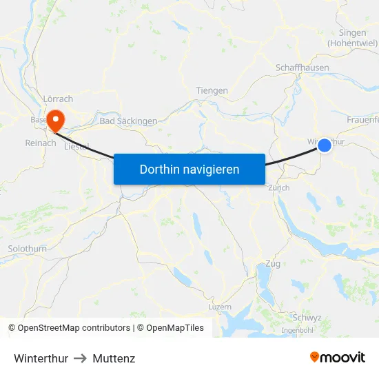 Winterthur to Muttenz map
