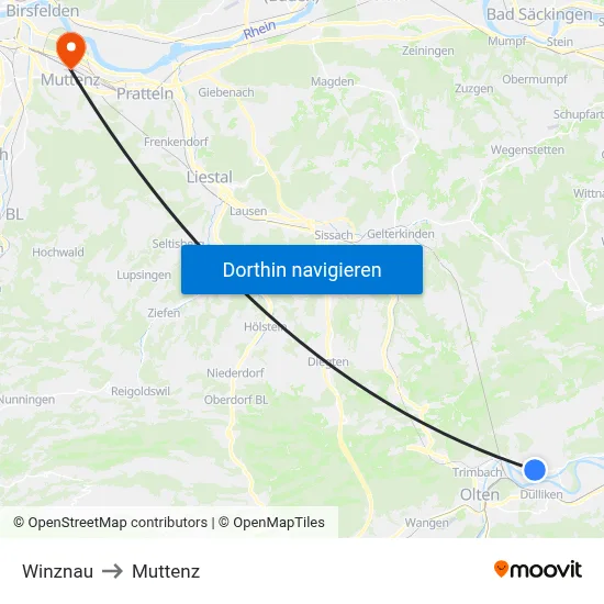 Winznau to Muttenz map
