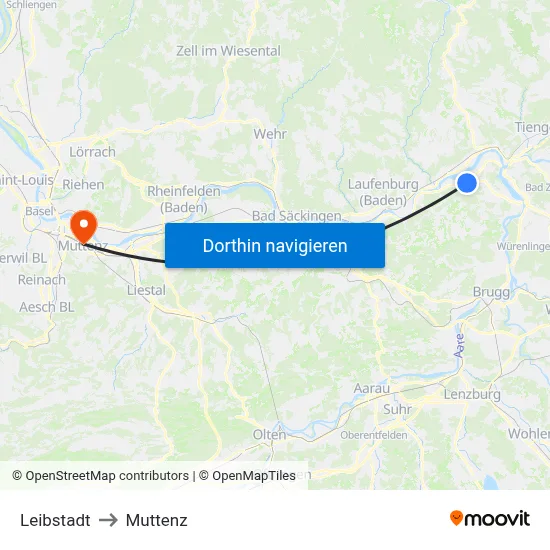 Leibstadt to Muttenz map