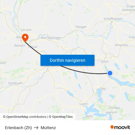 Erlenbach (Zh) to Muttenz map