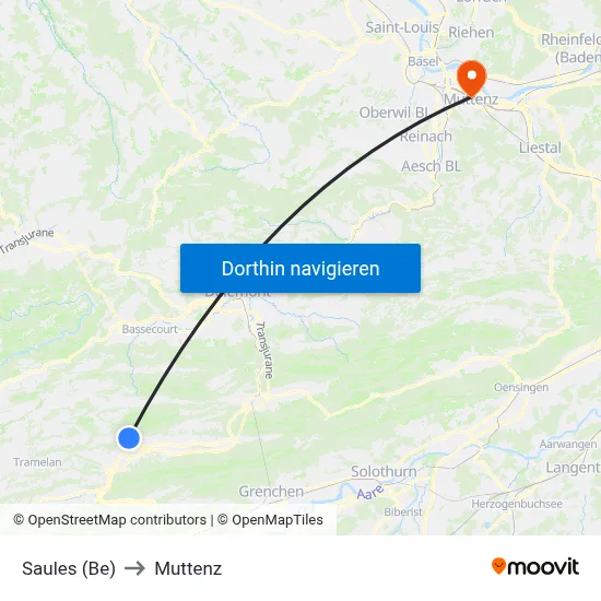 Saules (Be) to Muttenz map