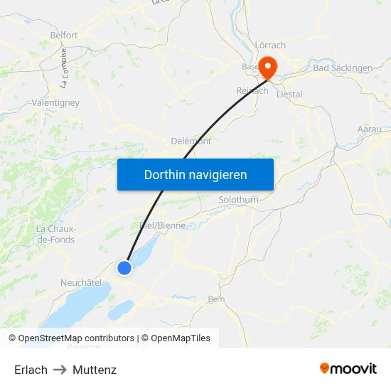 Erlach to Muttenz map
